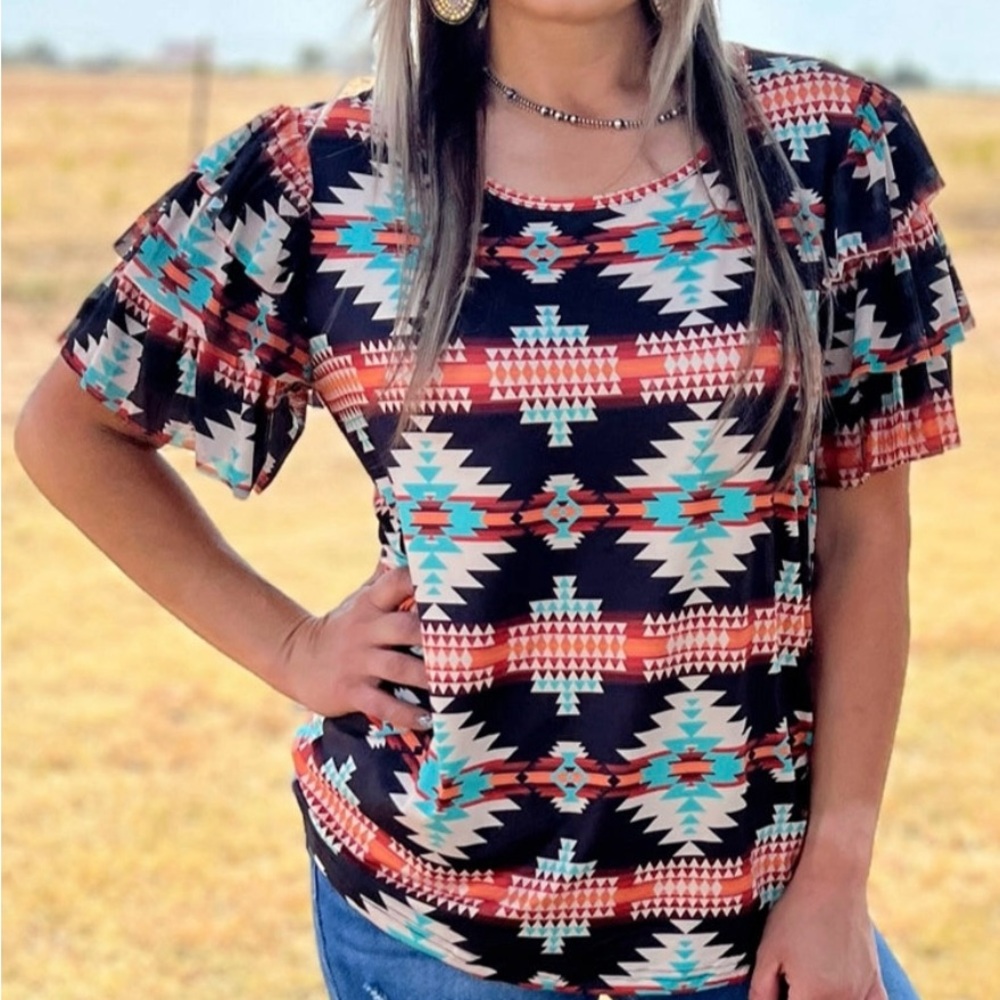 Aztec Print Ruffle Sleeve Top
